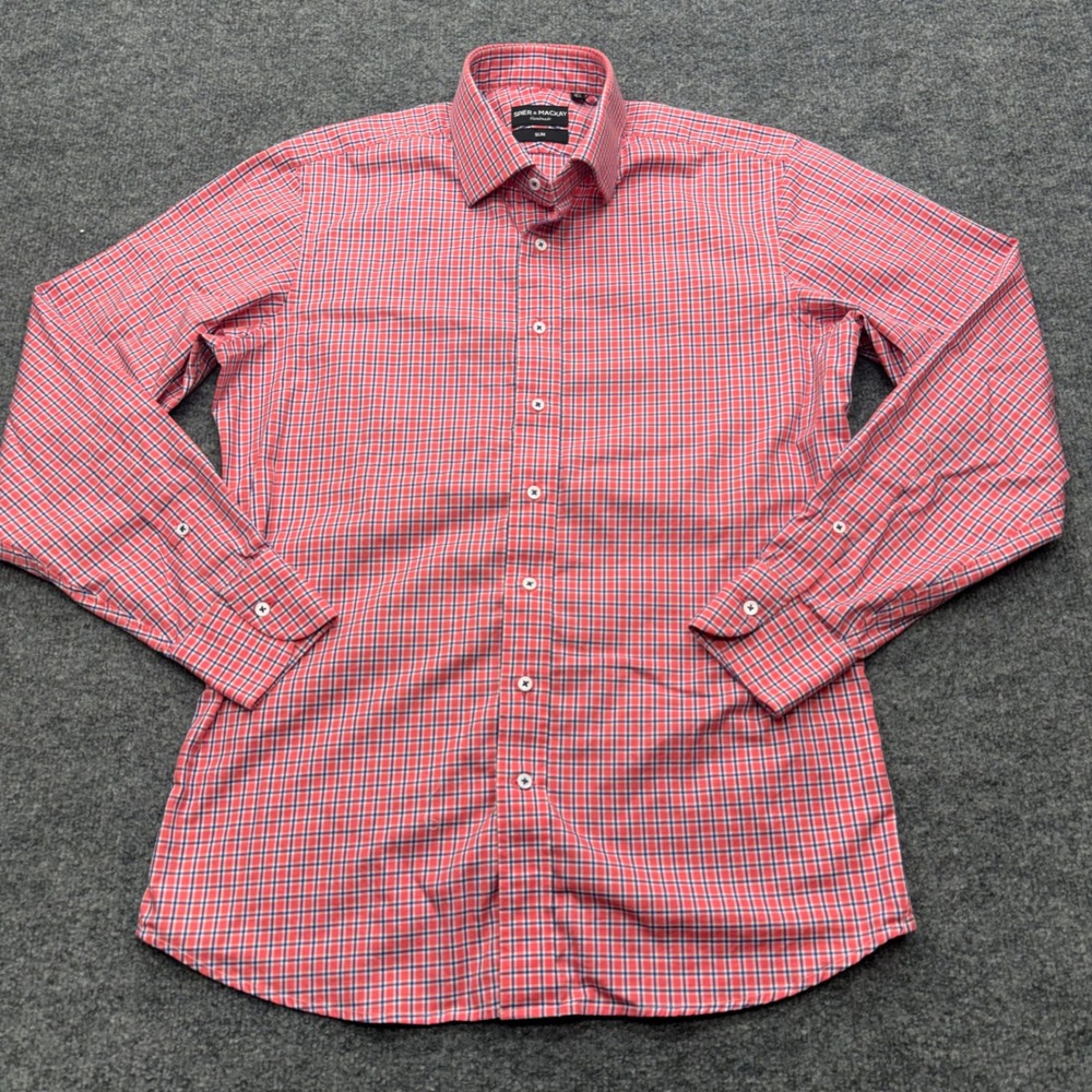 Spier & Mackay Slim Fit Dress Shirt 15.5 34 Red Blue Check Long Sleeve Handmade